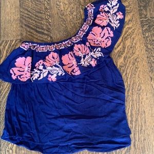 Navy one shoulder top.